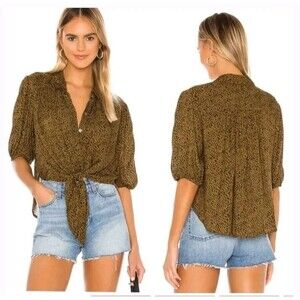 Free People XL blouse button front animal print pleated tie collar 3/4 sleeve